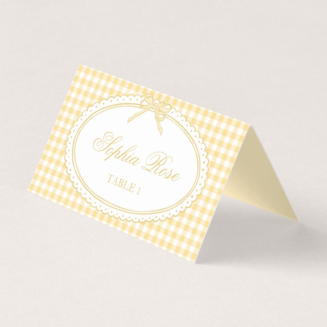 Gelbe Gingham Coquette-Bogen Tischkarten Tischdeko (Vorderseite)