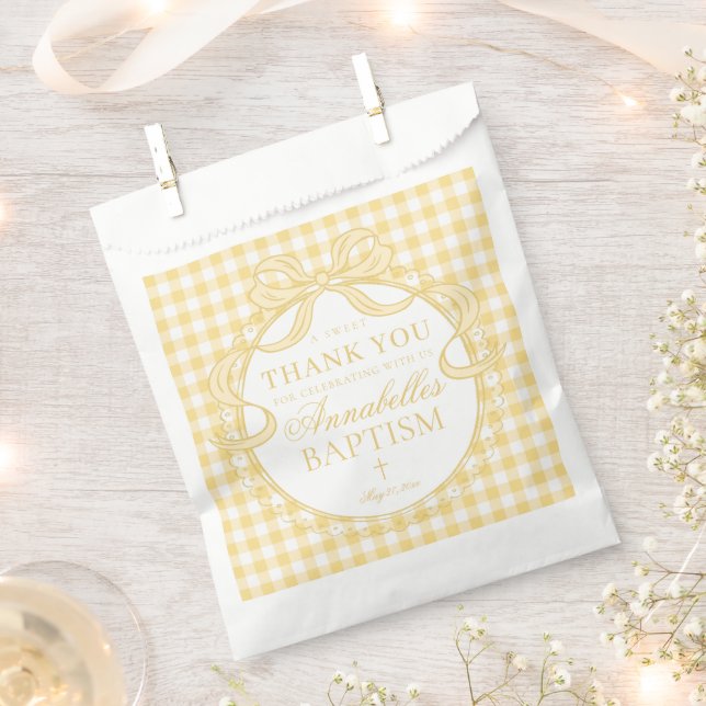 Gelbe Gingham Coquette-Schleife Taufdessert Geschenktütchen (Ausgeschnitten)