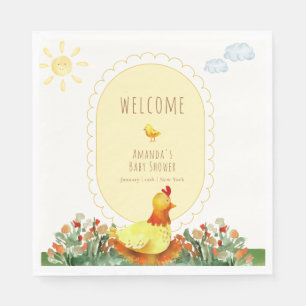 Gelbe Gingham-Farm-Hühnchen-Baby-Shower-Willkommen Serviette