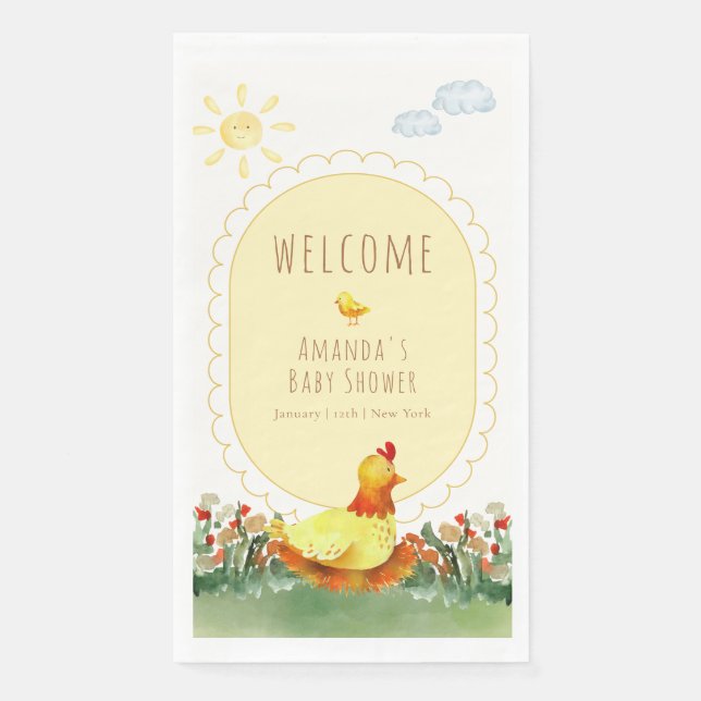 Gelbe Gingham-Hühner-Baby-Shower-Willkommen  Serviette (Vorderseite)