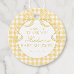 Gelbe Gingham-Kokette-Bogen-Baby-Party-Rundschaltu Geschenkanhänger