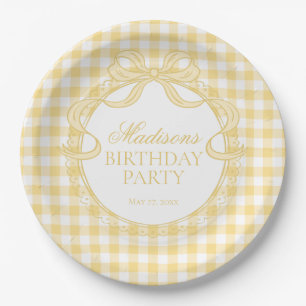 Gelbe Gingham-Kokette mit Schleife Geburtstagsfeie Pappteller