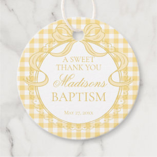 Gelbe Gingham-Kokette-Schleife-Taufe-Kreis Geschenkanhänger