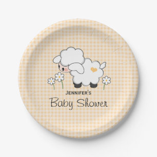 Gelbe Gingham-Lamm-Babyparty Pappteller