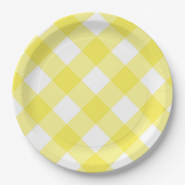 Gelbe Gingham-Muster Pappteller (Vorderseite)