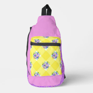 Gelbe Gingham und violette Blumen Land Crossbody Bag