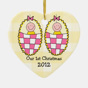 Gelbe Gingham-Zwillings-Mädchen-erstes Weihnachten Keramik Ornament
