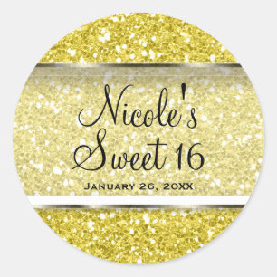 Gelbe Glitter Glam Sweet 16 individuelle Partygesc Runder Aufkleber