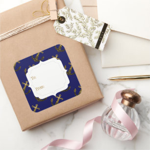 Gelbe Glitzern-Anker   Navy Blue Gift Tag Quadratischer Aufkleber