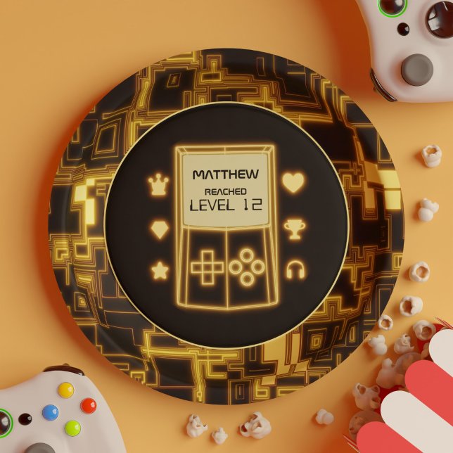 Gelbe Glow-Handheld-Konsole Pappteller (Neon Retro Gaming Console on Black Birthday Party Paper Plates)