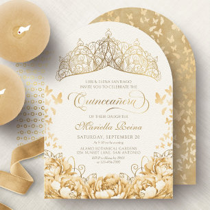 Gelbe Gold Schmetterlinge Blumenkrone Quinceanera Einladung
