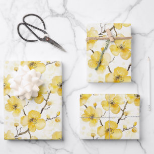 Gelbe Goldene Blumen Brautparty Geschenkpapier Set