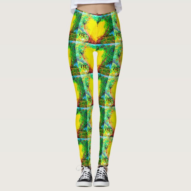 Gelbe goldene Herzen grün Leggings (Vorderseite)