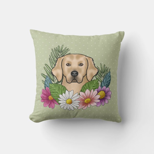Gelbe goldene Retriever farbige Blume Grün Kissen (Vorderseite)
