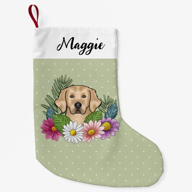 Gelbe goldene Retriever farbige Blume und Name Kleiner Weihnachtsstrumpf (Vorderseite)