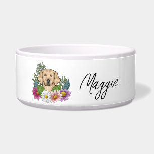 Gelbe goldene Retriever farbige Blume und Name Napf