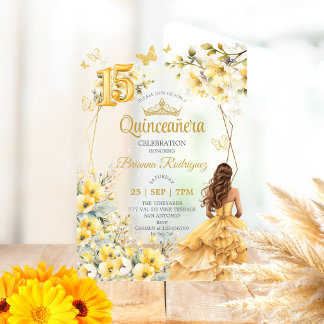 Gelbe goldene Tiara Blumen Schmetterling Quinceañe Acryleinladungen