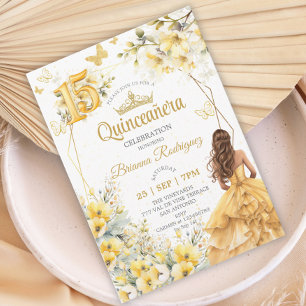 Gelbe goldene Tiara Blumen Schmetterling Quinceañe Einladung