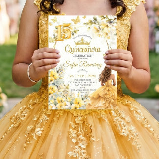Gelbe goldene Tiara Blumen Schmetterling Quinceañe Einladung