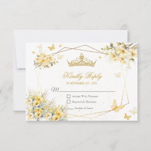 Gelbe goldene Tiara Blumen Schmetterlinge Quinceañ RSVP Karte