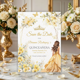 Gelbe goldene Tiara Blumen Schmetterlinge Quinceañ Save The Date