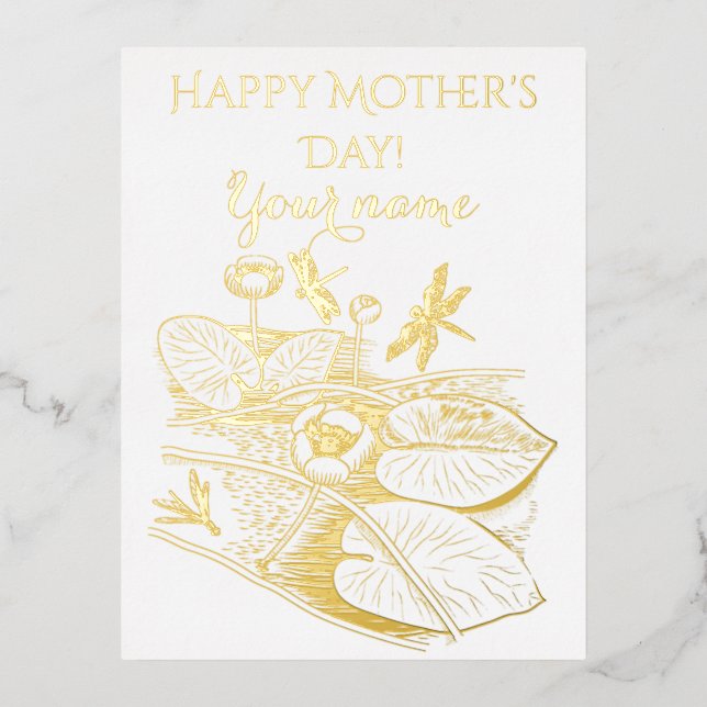 Gelbe Grafik mit Seerosen Folien Feiertagspostkarte (Vorderseite)