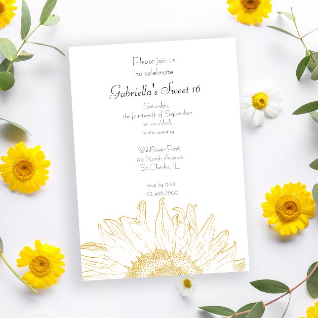 Gelbe Graphic Sunflower Sweet 16 Party Einladung (Von Creator hochgeladen)