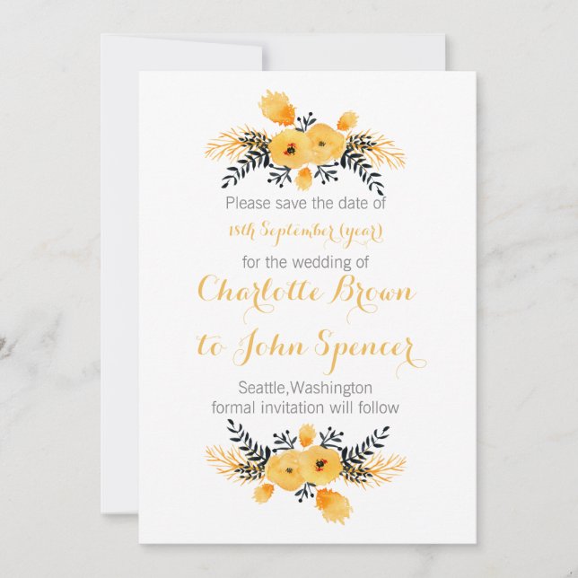 Gelbe graue Aquarellblüte speichern die Daten Save The Date (Vorderseite)