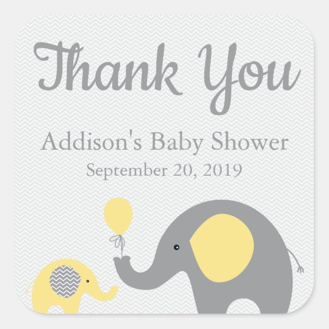 Gelbe graue Elephant Baby Shower Stickers, Square Quadratischer Aufkleber (Vorderseite)