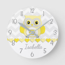Gelbe graue Owl Kinderzimmer Wall Clock