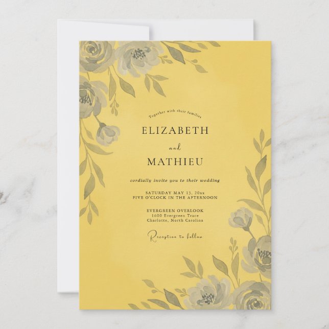 Gelbe Graue Rosen Hochzeit Einladung (Vorderseite)