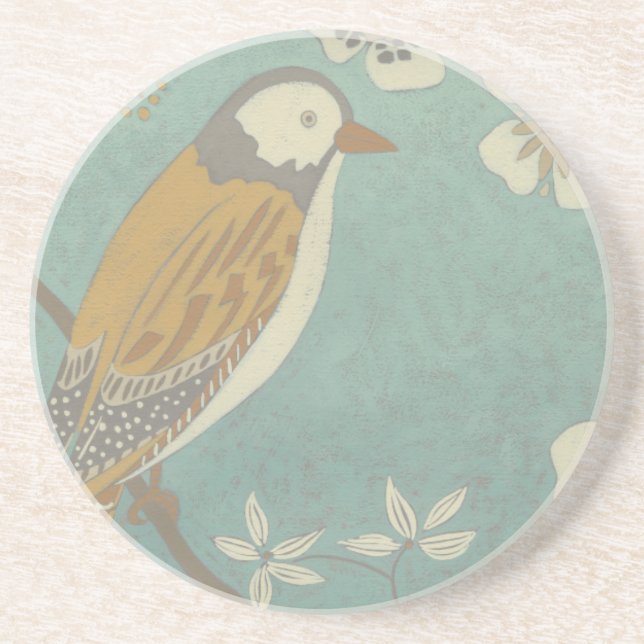 Gelbe, graue und beige Vögel auf einem Zweig Getränkeuntersetzer (Vorne)