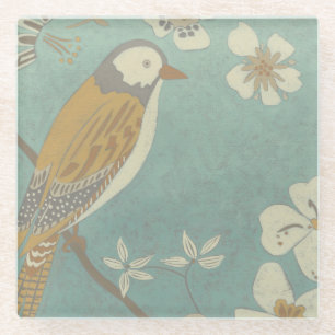 Gelbe, graue und beige Vögel auf einem Zweig Glasuntersetzer