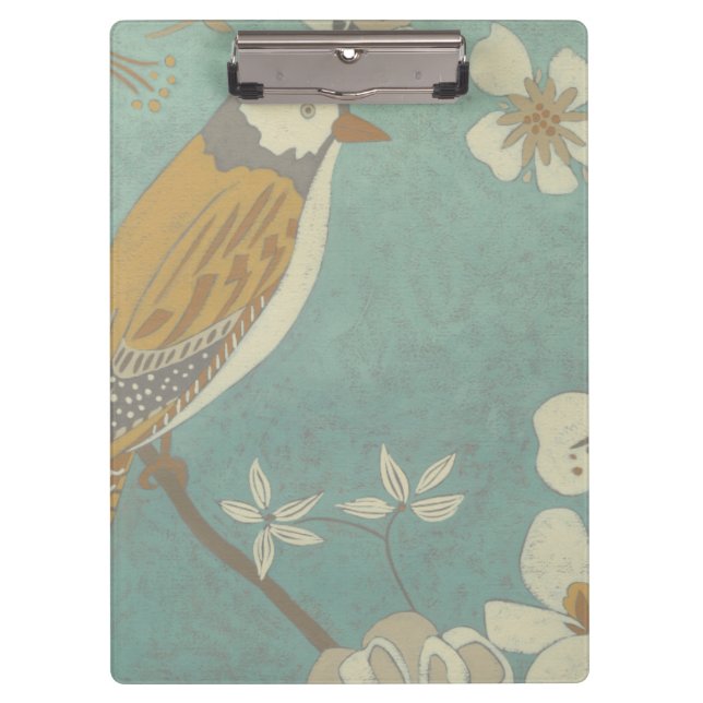 Gelbe, graue und beige Vögel auf einem Zweig Klemmbrett (Vorderseite)