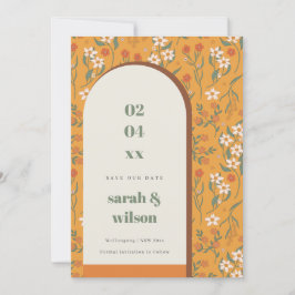 Gelbe Groovy Retro Arch Floral Save the Date Karte