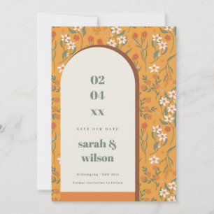 Gelbe Groovy Retro Arch Floral Save the Date Karte