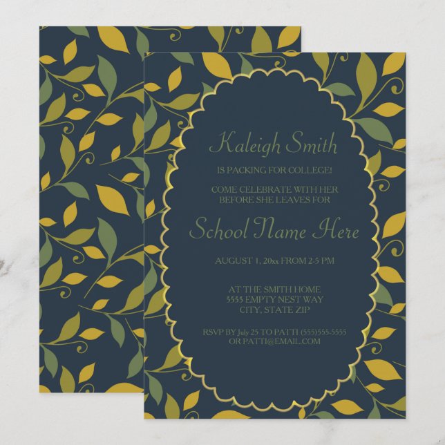 Gelbe grüne Blätter auf Navy Blue Trunk Party Einladung (Vorne/Hinten)