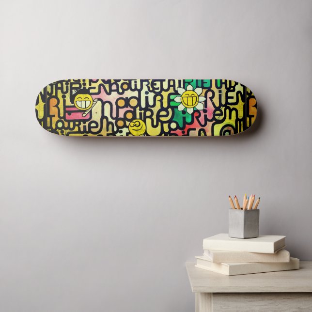 Gelbe grüne Fun Emoji Sarcastic Malerei Skateboard (Wandkunst (Horz))