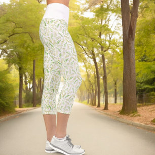 Gelbe Grüne Natur Fern Leaf Muster auf Weiß Capri Leggings