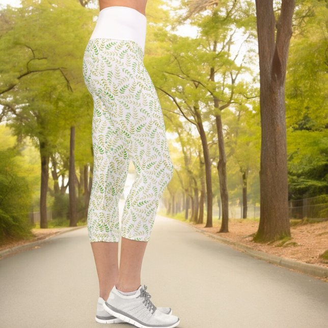 Gelbe Grüne Natur Fern Leaf Muster auf Weiß Capri Leggings (white top carpi leggings fern pattern)
