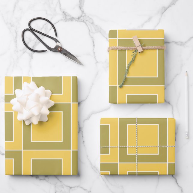 Gelbe grüne Quadrate Geometrisches Muster Geschenkpapier Set (Vorderseite)