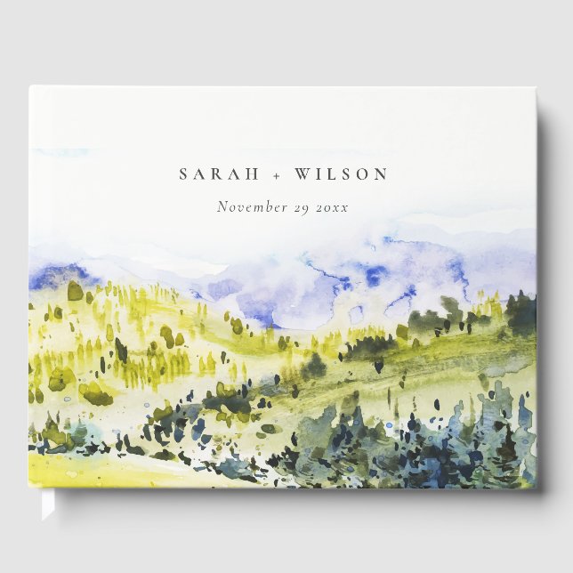 Gelbe grüne Wasserfarbenwelt Hügel Hochzeiten Gästebuch (Vorderseite)