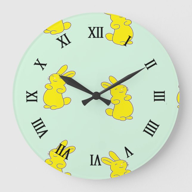 Gelbe Happy Bands auf aquamarinen Große Wanduhr (Vorderseite)