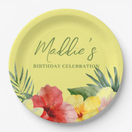 Gelbe hawaiianische Blumen zum Geburtstag Pappteller