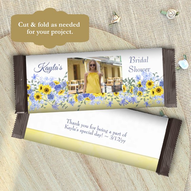 Gelbe, hellblaue Brautparty-Süßigkeiten-Bar-Etiket Flyer (yellow sunflower and light blue bridal shower party favor, personalized candy bar wrapper label)