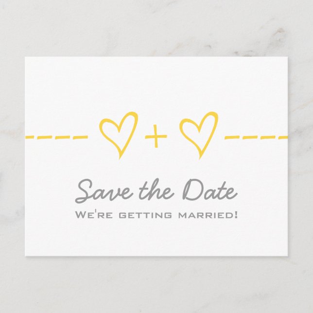 Gelbe Herzäquivalenz Save the Date Postkarte (Vorderseite)