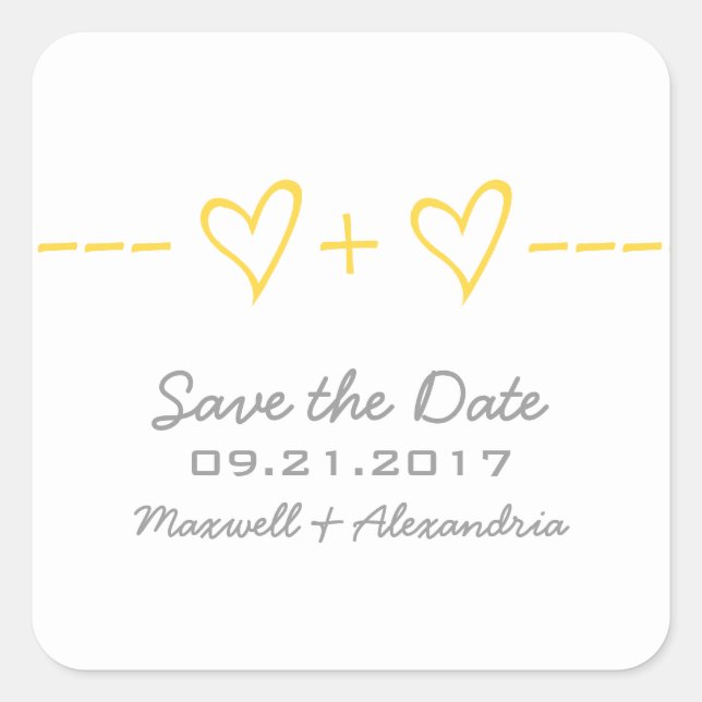 Gelbe Herzäquivalenz Save the Date Stickers (Vorderseite)