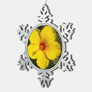 Gelbe Hibiskus Blume Schneeflocken Zinn-Ornament