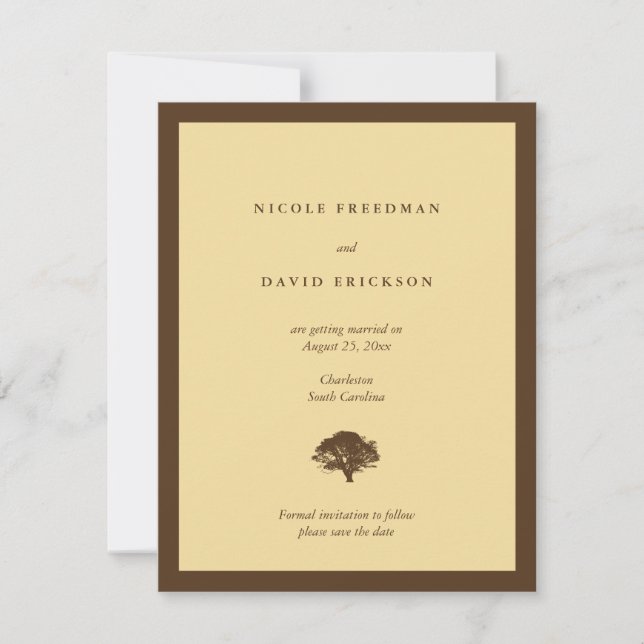 Gelbe Hochzeitsankündigung Eichenbaum Save the Dat Einladung (Vorderseite)