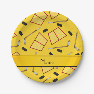 Gelbe Hockeyschläger mit individuelle Name Pappteller